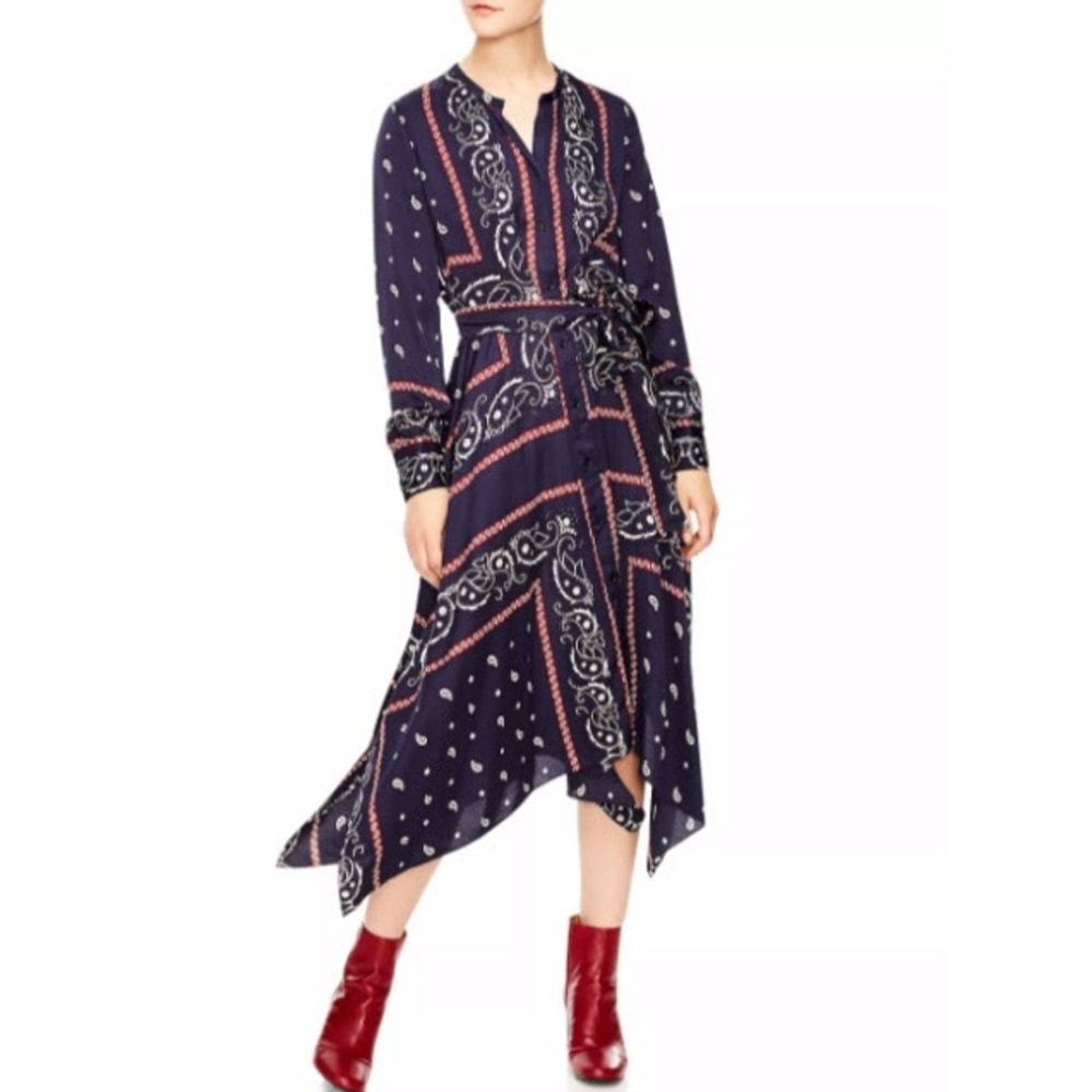 Sandro Navy Bandana Midi Dress Size 36 Small